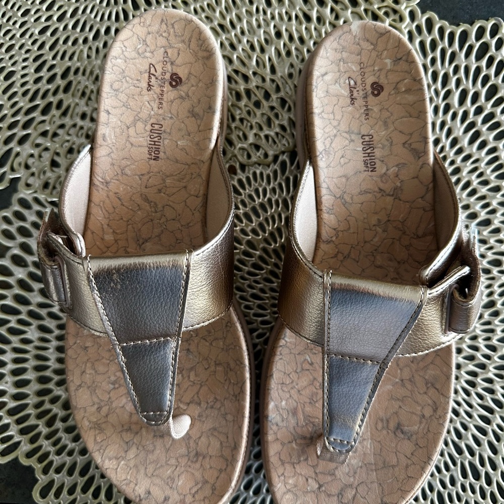 Clarks Gold Sandals with Cork Footbed and Metallic Finish